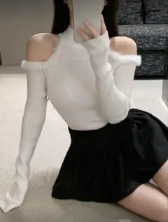 オフショルダーリブニットセーター