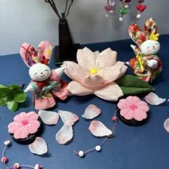 ちりめん細工，サクラ，朝顔，うさぎ，くくり花吊るし飾りセット