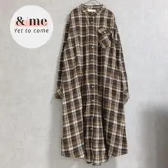 ロゴス デイズ　ノーカラーシャツワンピース　ロング　フレア　総柄　チェック柄　L