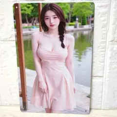 マ*D様 2Dフラットブリキ看板 　薄いピンクドレスを着た素敵な女性