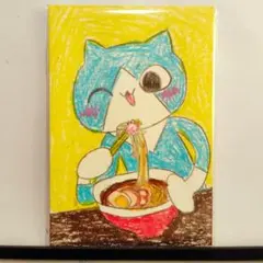 ラーメンを食べる猫の絵