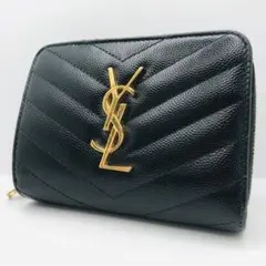 イヴサンローラン✨キャビアスキン カサンドラ 二つ折り財布 Vステッチ 黒 希少