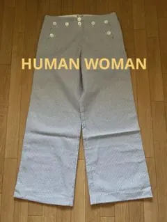 【HUMAN WOMAN】シアサッカー セーラーワイドパンツ ストライプ Sのサムネイル