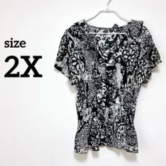 ✨️一点物‼️ 半袖シャツ【2X】柄物 ブラック ホワイト ブラウス 個性的 春 夏