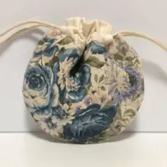 生成ブルーとオールドローズ　 ミニミニ まんまる 巾着　ハンドメイド
