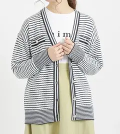 Te chichi テチチ ボーダー パールボタン ニットカーディガン 濃紺×白