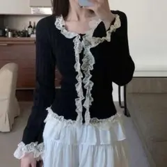 DAZY レース切り替えボタンダウンカーディガン、長袖トップス