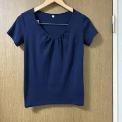 UNIQLOユニクロフライスギャザーVネックT半袖綿100%ネイビーSサイズのサムネイル