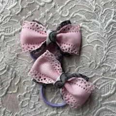 リボン型ヘアゴム ピンク グレー 2個セット