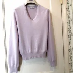 薄紫 Vネック 長袖カシミアセーター