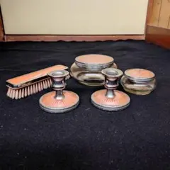 アンティークギロッシュエナメルガラス蓋物 キャンドルスタンド セットフランス アンティークギロッシュエナメルバニティ用ガラス蓋物 キャンドル