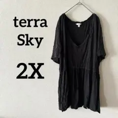 terra Sky ブラック Vネック 半袖 Tシャツ トップス 【2X】