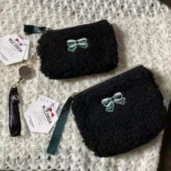 新品 コインケース パスケース リール付き ミニポーチ 財布 黒 ボア もこもこ