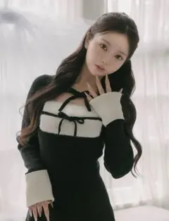 Darich リボンファーフレアニットミニワンピース