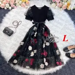 【即日発送】刺繍の花咲く♡レースとチュールがふんわり重なるドッキングワンピ♡L