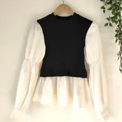 【美品】INGNI ボリュームスリーブ ドッキングニット レイヤード風 M 黒白