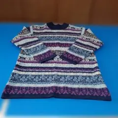 柄編みニット 長袖 紫と白のストライプ、レディースLサイズ