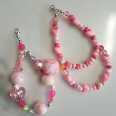 ビーズキーホルダー ビーズストラップ ピンク ハンドメイド チャーム
