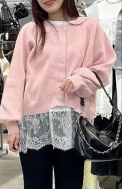 ピンク 長袖 カーディガン リングドットカラーカーディガン