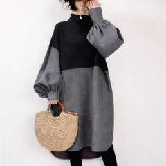 ワンピース ぽわん袖 バルーン コクーン バイカラー モード系 〜3L B02