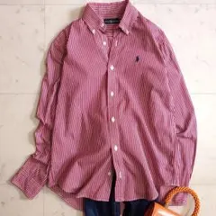 美品♪Lサイズ ラルフローレン ストライプ ロゴ刺繍コットン ボタンダウンシャツ