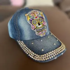 デニム スカル刺繍 キャップ