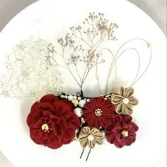 赤と金のつまみ細工花モチーフバレッタ飾りパール付き