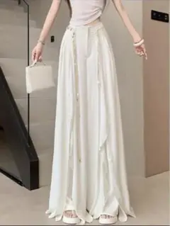 ホワイト ビーズベルト ハイウエストワイドパンツ