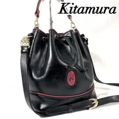 キタムラ　巾着　ショルダーバッグ　レザー　ゴールド金具　ブラック　斜め掛けのサムネイル