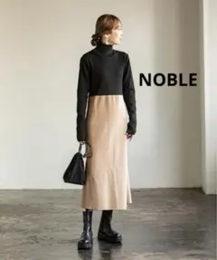 未使用に近い ノーブル カラーブロック ニットワンピース ブラック ベージュ F