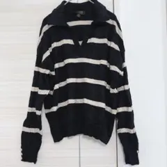 TRUTH 【L】長袖 ニットポロシャツ ボーダー　黒　Ｖネック 柔らかい