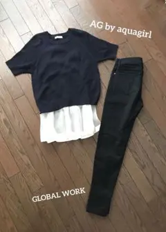 美品レディース セットaquagirlコーデ売り◆春ニット+スキニー パンツS黒