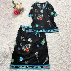 LEONARD 半袖ブラウス　シャツカットソー 花柄　総柄　Lサイズ　黒 ブラウス シャツ 花柄シアー5分袖ブラウス レディース