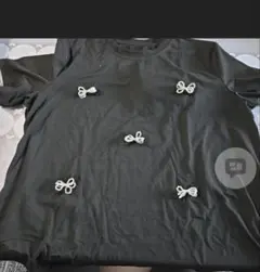 リボン装飾 黒 半袖Tシャツ　XL