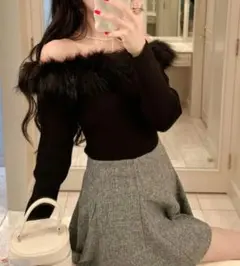 新品タグ付【GRL】黒 ファーオフショルダーニットトップス L