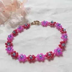 ビーズブレスレット~花大~(赤×濃ピンク)No.6