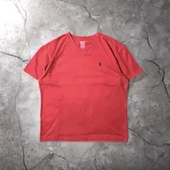 古着 ポロ ラルフローレン Vネック ポニー 刺繍 半袖 Tシャツ M レッド