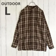 【アウトドア】チェックシャツ バンドカラー ネルシャツ ブラウン 長袖 L