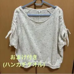 3can4on リボン付き半袖ネップ素材ニット 《ハンカチタオルおまけ付き》