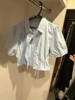 水色 半袖シャツ ドローストリング付き