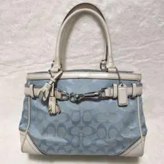 COACH ハンドバッグ 希少色 水色 シグネチャー キャンバス レザー