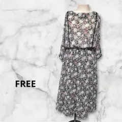ヴィンテージ 総柄 花柄7分袖ワンピース（ウエストゴム）FREE