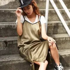 フェイクレザーヒモサテンキャミワンピース/レイヤード★秋冬