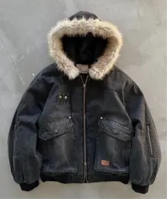 perushu ヴィンテージライクデニムフードファーブルゾン