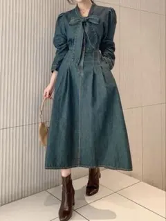 デニム 長袖ロングワンピース ボウタイワンピース