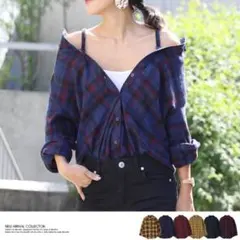 値下げ!新品未使用!大人気!オフショルダーチェックシャツM マスタード