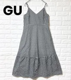 ジーユー ワンピース ロング ギンガムチェック M ポケット 肩紐調節可能