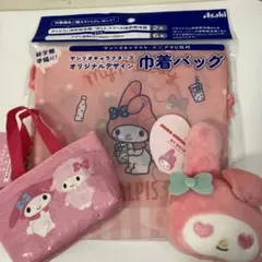 マイメロディ　カルピス巾着バッグ　フェイスマスコット　マイクロバッグチャーム