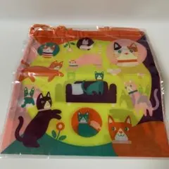 ネコ柄　猫イラスト巾着袋　巾着ポーチ　未使用