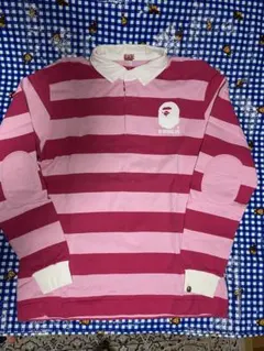 エイプ APE ラガーシャツ 長袖 ボーダー ロゴ 刺繍 ワッペン 希少 90s 超希少◎】A BATHING APE ラガーシャツ ボーダー 刺繍 90s◎